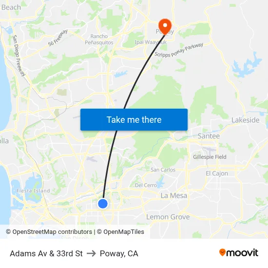 Adams Av & 33rd St to Poway, CA map