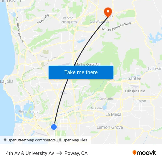 4th Av & University Av to Poway, CA map