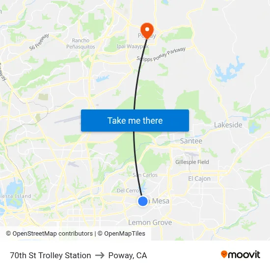 70th St Trolley Station to Poway, CA map