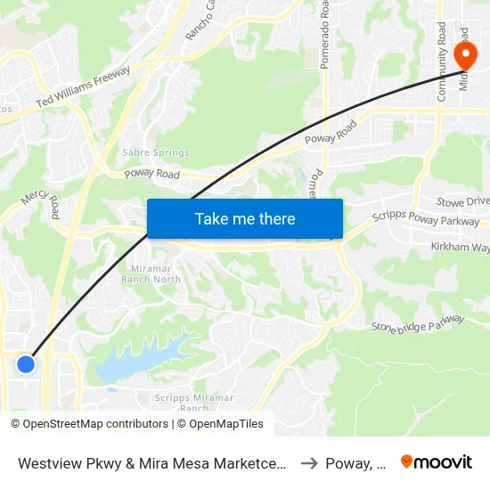 Westview Pkwy & Mira Mesa Marketcenter to Poway, CA map