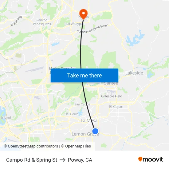 Campo Rd & Spring St to Poway, CA map