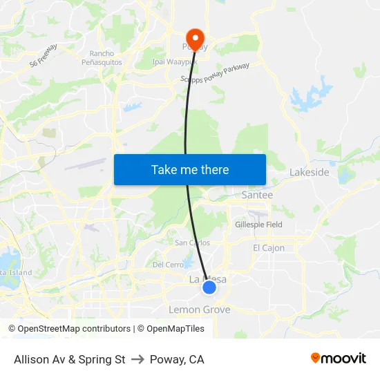 Allison Av & Spring St to Poway, CA map
