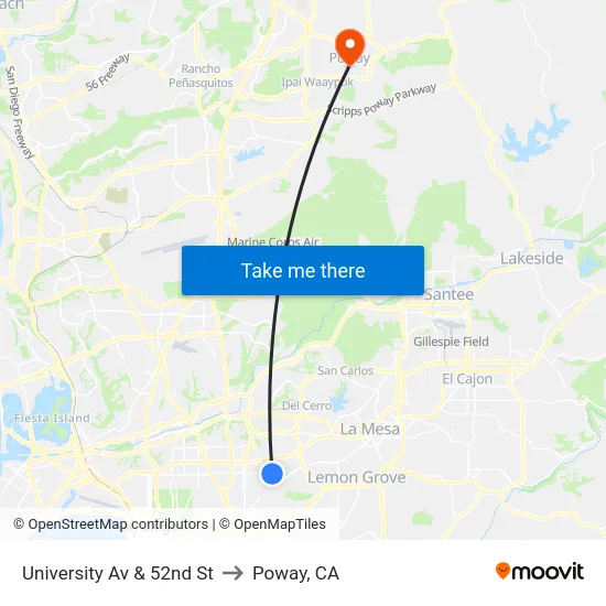 University Av & 52nd St to Poway, CA map