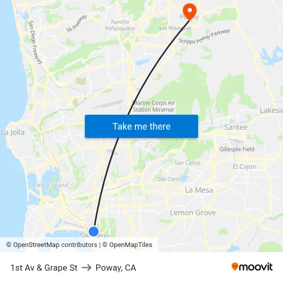 1st Av & Grape St to Poway, CA map