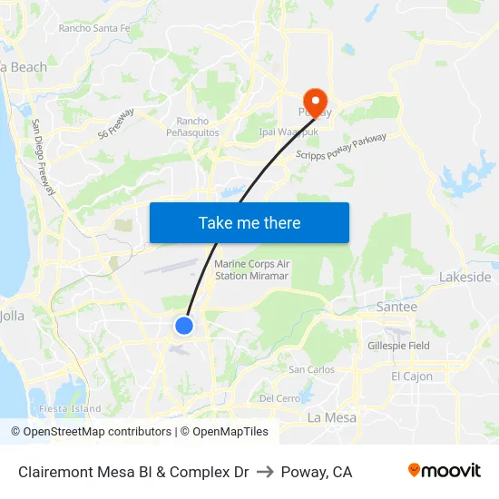 Clairemont Mesa Bl & Complex Dr to Poway, CA map