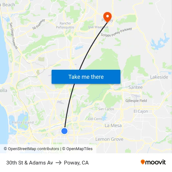 30th St & Adams Av to Poway, CA map