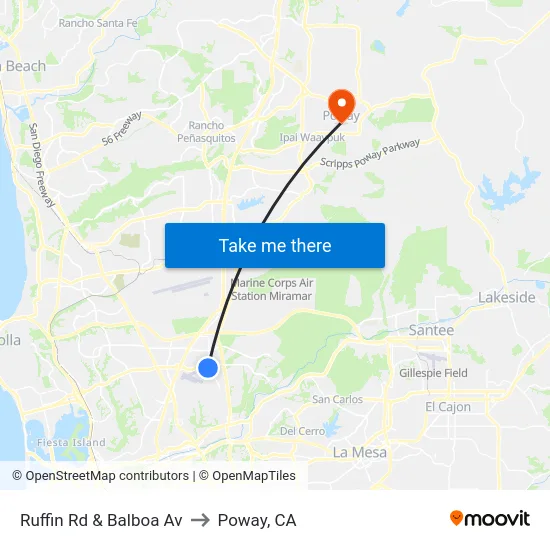 Ruffin Rd & Balboa Av to Poway, CA map