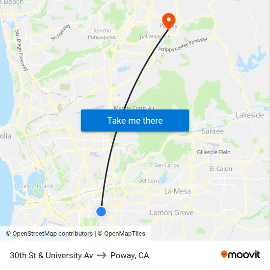 30th St & University Av to Poway, CA map