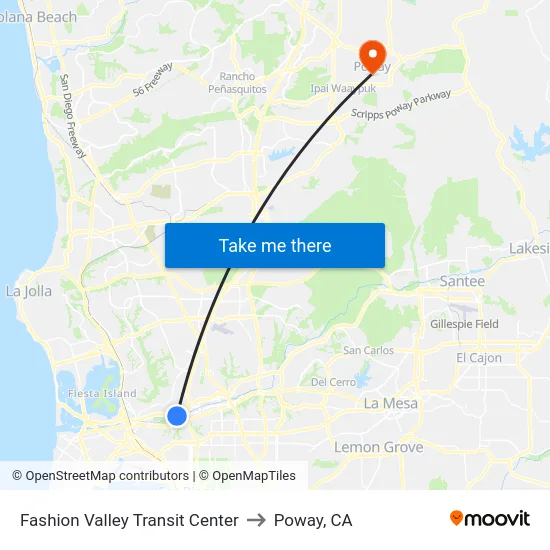 Fashion Valley Transit Center to Poway, CA map