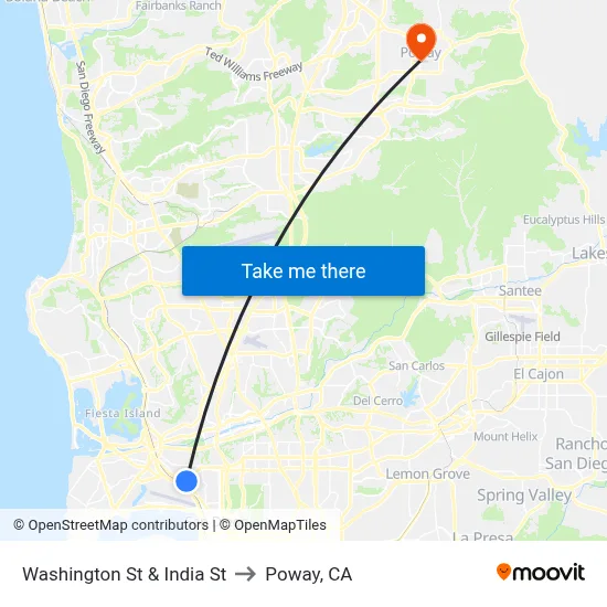 Washington St & India St to Poway, CA map
