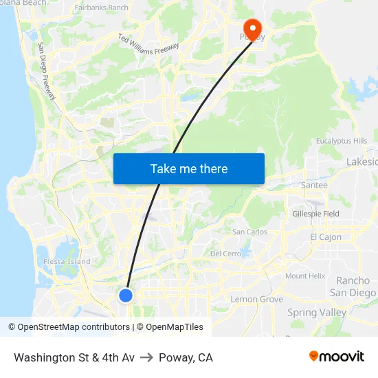 Washington St & 4th Av to Poway, CA map