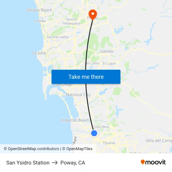 San Ysidro Station to Poway, CA map