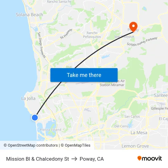 Mission Bl & Chalcedony St to Poway, CA map