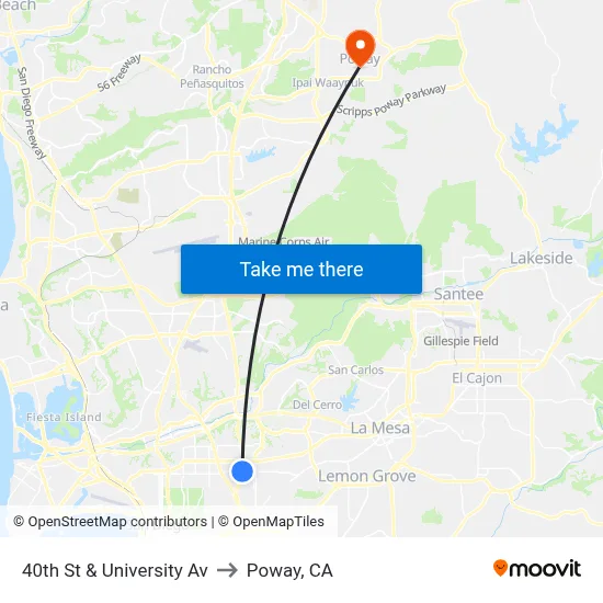 40th St & University Av to Poway, CA map