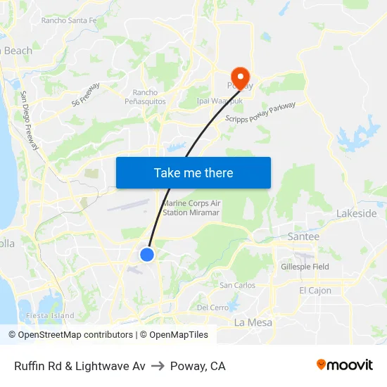 Ruffin Rd & Lightwave Av to Poway, CA map