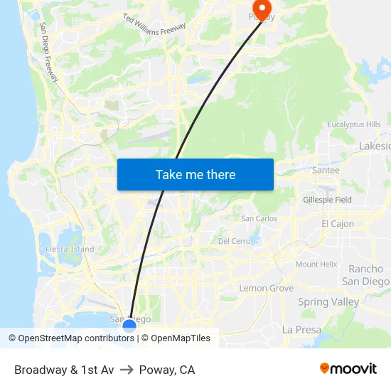 Broadway & 1st Av to Poway, CA map