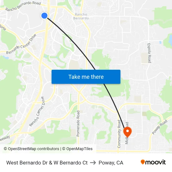 West Bernardo Dr & W Bernardo Ct to Poway, CA map