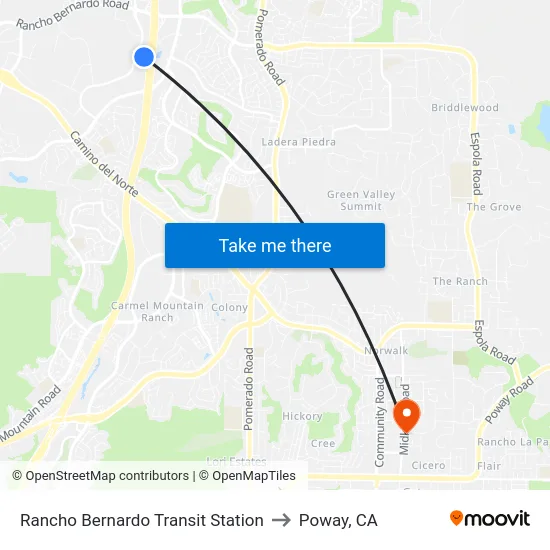 Rancho Bernardo Transit Station to Poway, CA map