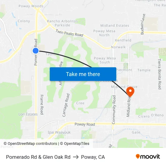 Pomerado Rd & Glen Oak Rd to Poway, CA map
