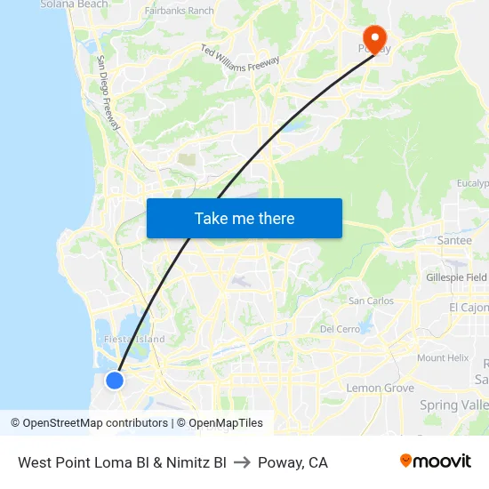 West Point Loma Bl & Nimitz Bl to Poway, CA map