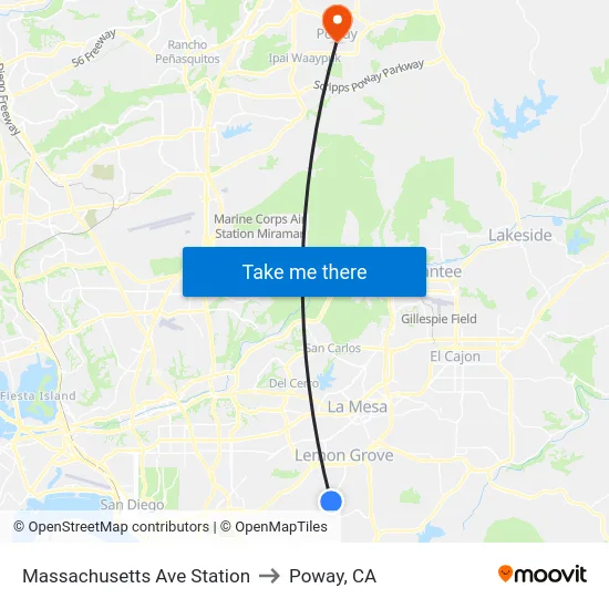 Massachusetts Ave Station to Poway, CA map