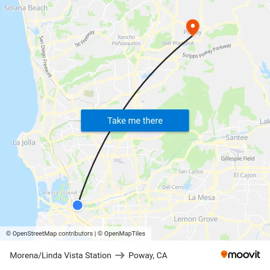 Morena/Linda Vista Station to Poway, CA map