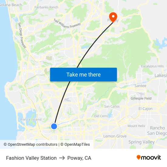 Fashion Valley Station to Poway, CA map