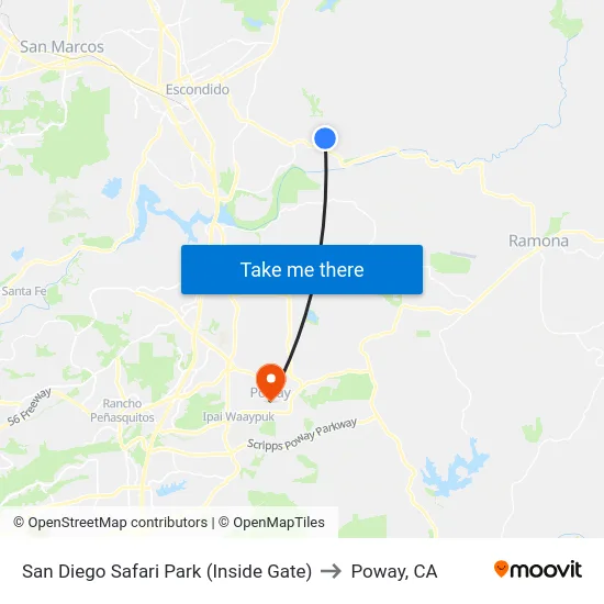 San Diego Safari Park (Inside Gate) to Poway, CA map