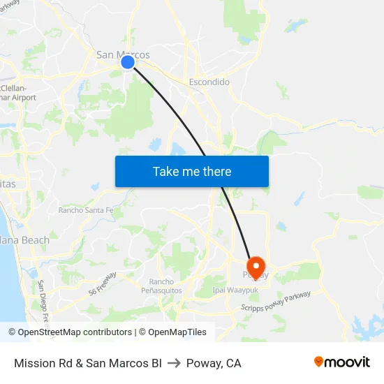 Mission Rd & San Marcos Bl to Poway, CA map