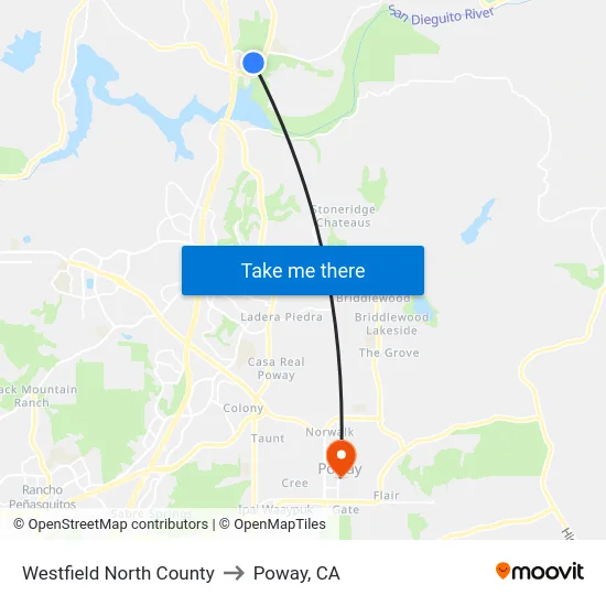 Westfield North County to Poway, CA map