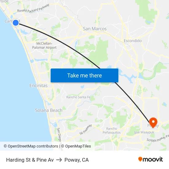 Harding St & Pine Av to Poway, CA map
