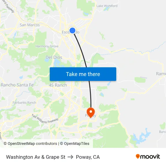 Washington Av & Grape St to Poway, CA map