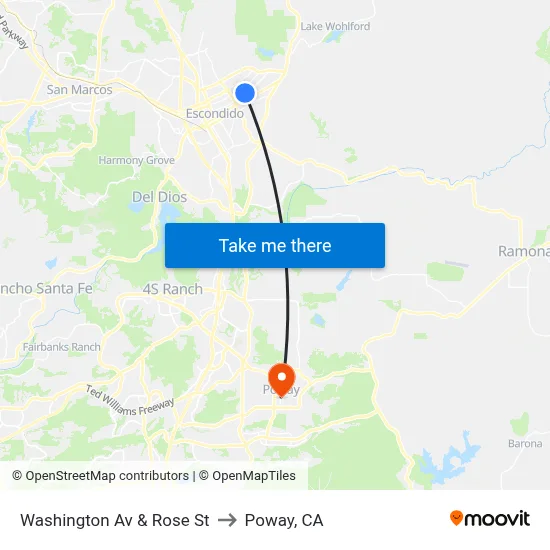 Washington Av & Rose St to Poway, CA map