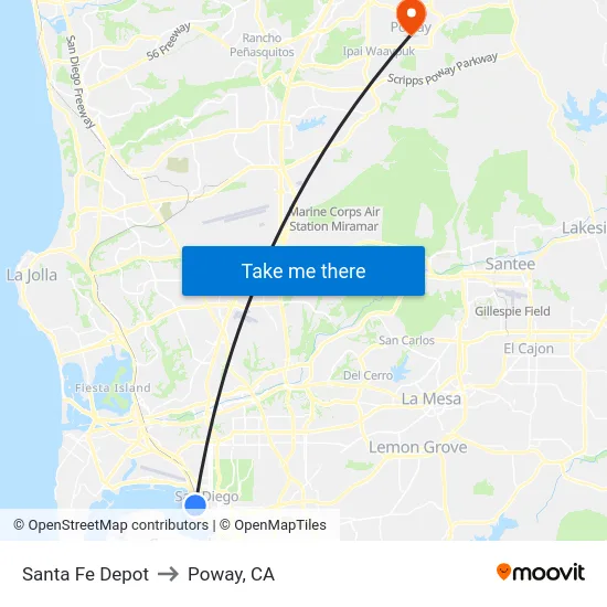 Santa Fe Depot to Poway, CA map