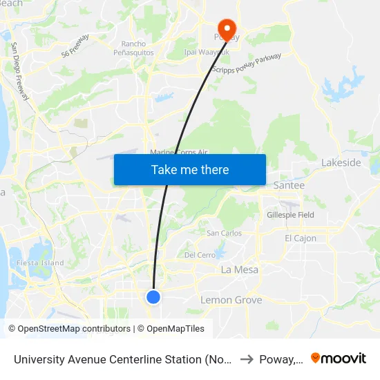 University Avenue Centerline Station (Northbound) to Poway, CA map