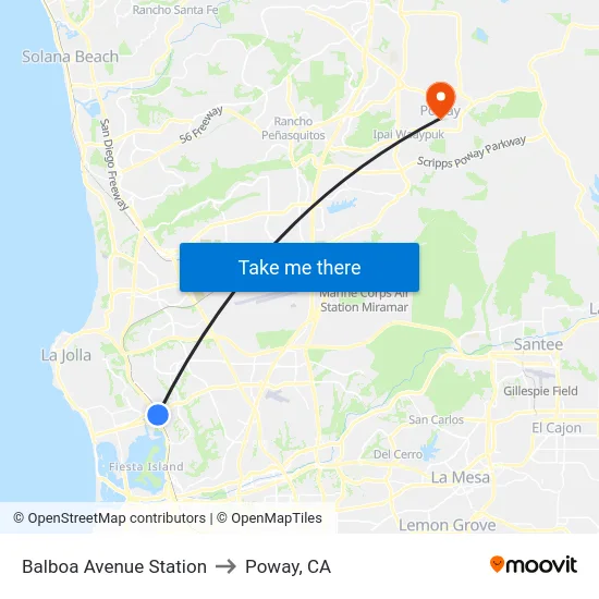 Balboa Avenue Station to Poway, CA map