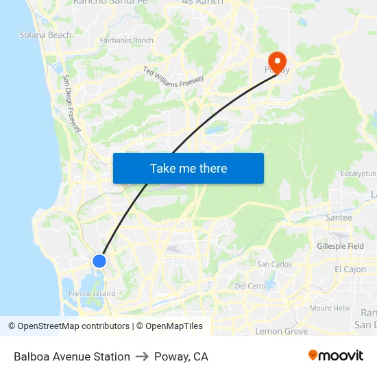 Balboa Avenue Station to Poway, CA map