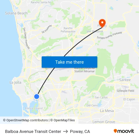 Balboa Avenue Transit Center to Poway, CA map