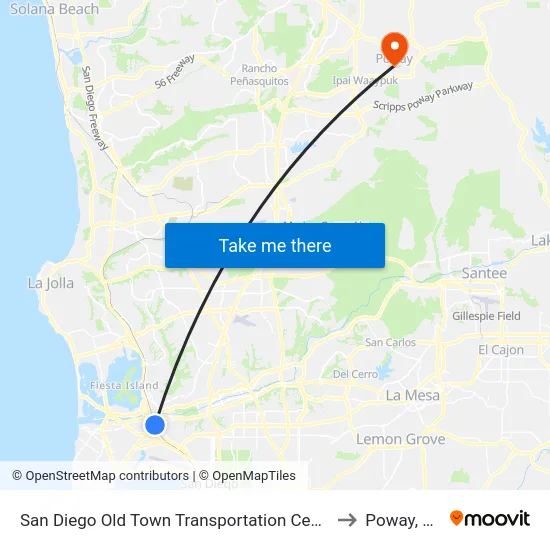 San Diego Old Town Transportation Center to Poway, CA map