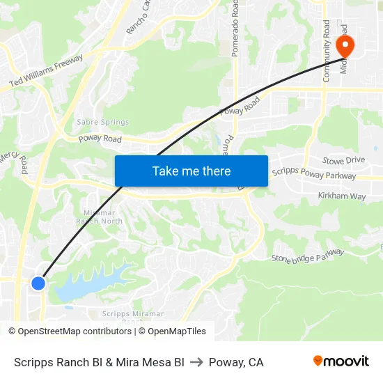 Scripps Ranch Bl & Mira Mesa Bl to Poway, CA map