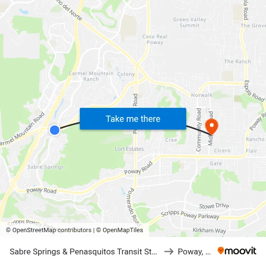 Sabre Springs & Penasquitos Transit Station to Poway, CA map
