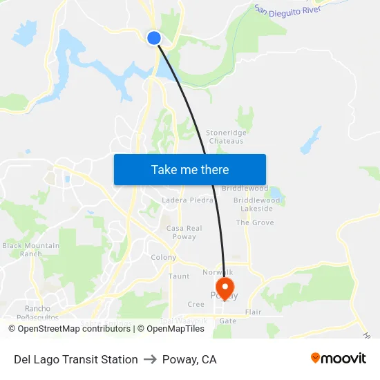Del Lago Transit Station to Poway, CA map