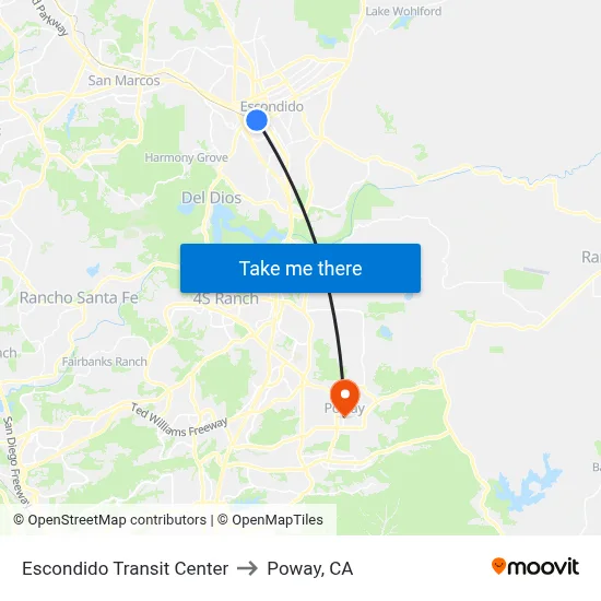 Escondido Transit Center to Poway, CA map