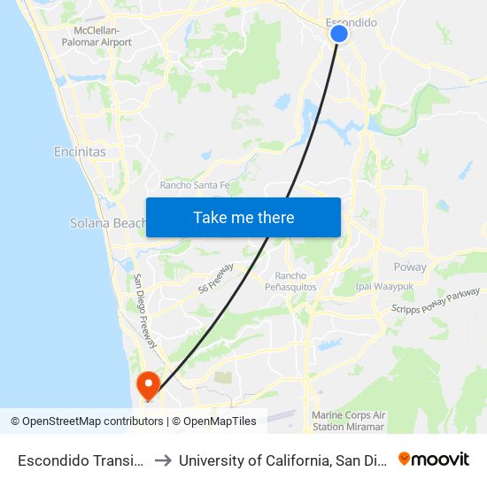 Escondido Transit Center to University of California, San Diego (UCSD) map