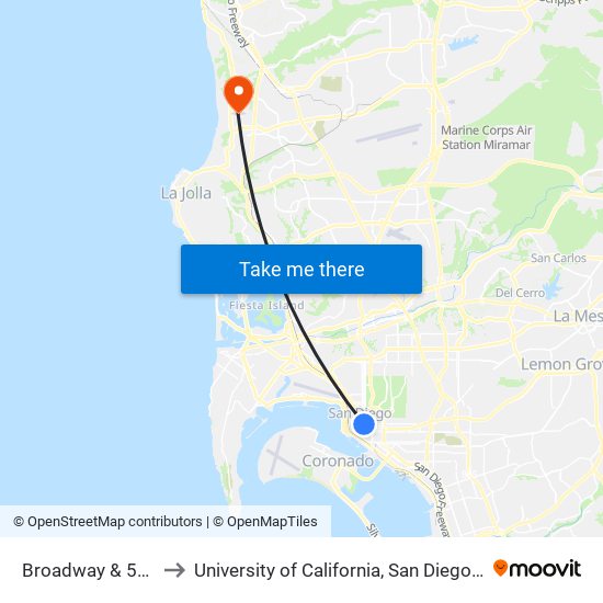 Broadway & 5th Av to University of California, San Diego (UCSD) map