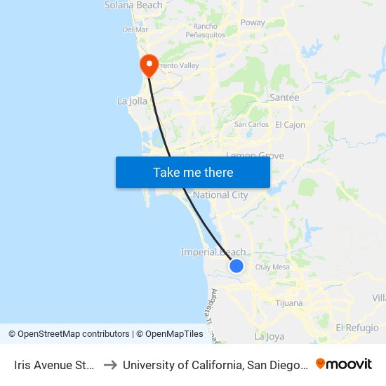 Iris Avenue Station to University of California, San Diego (UCSD) map