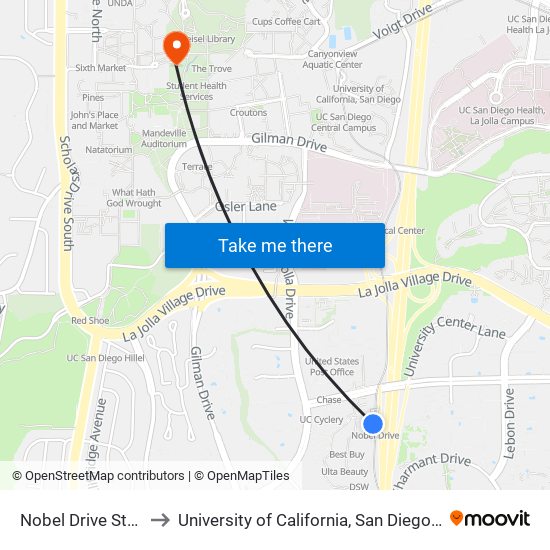 Nobel Drive Station to University of California, San Diego (UCSD) map