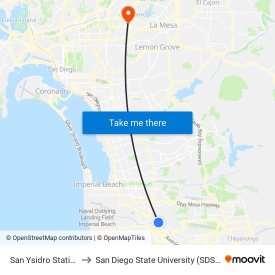 San Ysidro Station to San Diego State University (SDSU) map