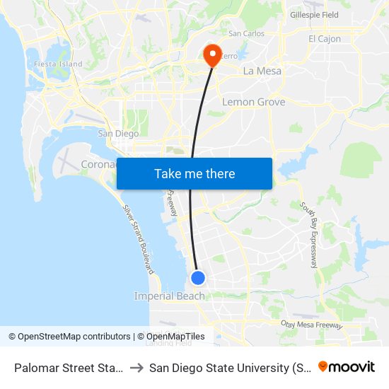 Palomar Street Station to San Diego State University (SDSU) map