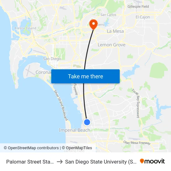 Palomar Street Station to San Diego State University (SDSU) map